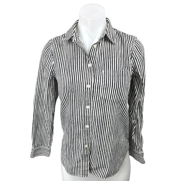 Madewell Black White Striped Shrunken Button Up Long Sleeve Shirt Blouse Top XS - Picture 1 of 4
